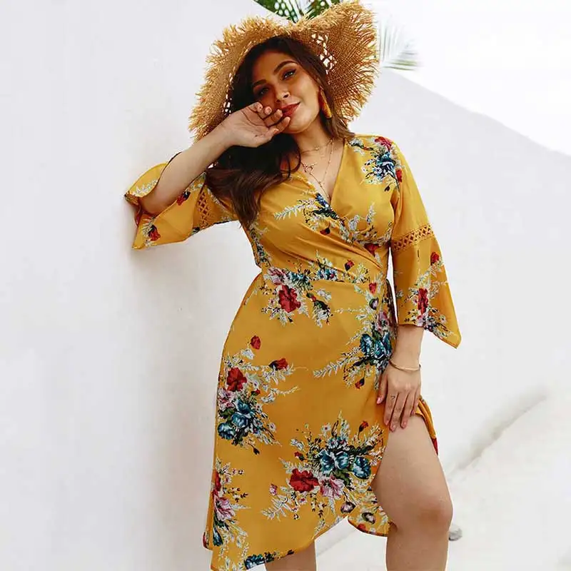 

2019 Floral Fat Dress Women Spring Big Size Dress Female V-neck Midi Dress Women Plus Size Print Dress Ladies 3XL 4XL