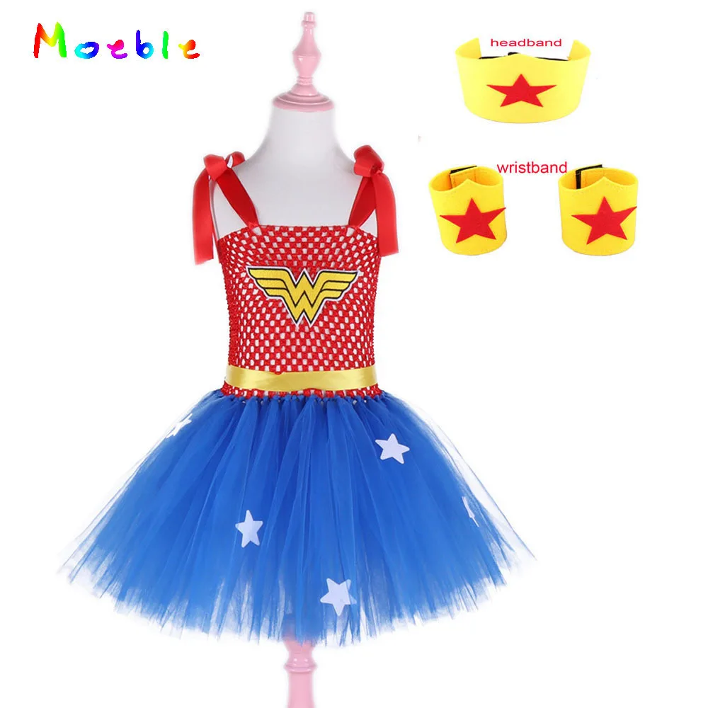 Wonder Woman/Детские праздничные платья и аксессуары, комплект, косплей-пачка, платье для девочек на Хэллоуин, Рождество, день рождения, платье для малышей, синий цвет, Vestidos