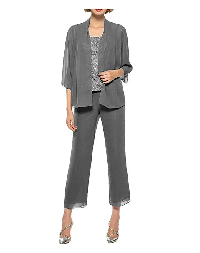

Elegant Chiffon Lace 3 Pieces Mother Of The Bride Pant Suits With Jacket Mother Of The Bride Dresses Plus Size
