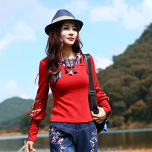 Новая модная футболка китайский стиль длинный рукав в форме фонаря с вышивкой тройники для женщин Весна и Осень Топы M-2XL