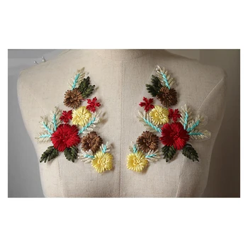 

red flower Ribbon embroidery patch apliques de roupa crystal rhinestone applique sew on patches for clothing para vestuario