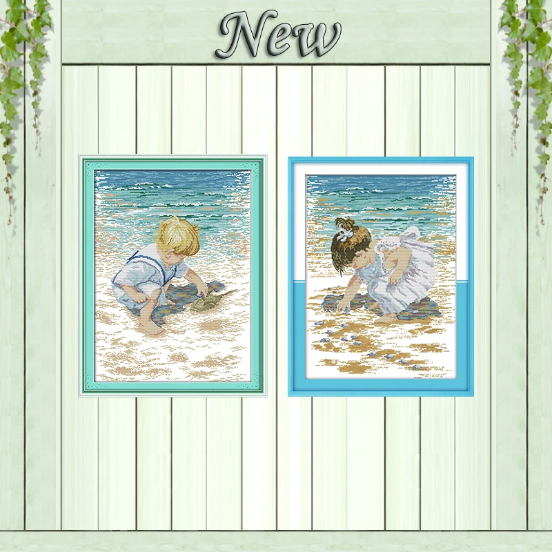 Набор для вышивки крестиком The little boy on the beach shells напечатанный на холсте DMC 14CT 11CT |