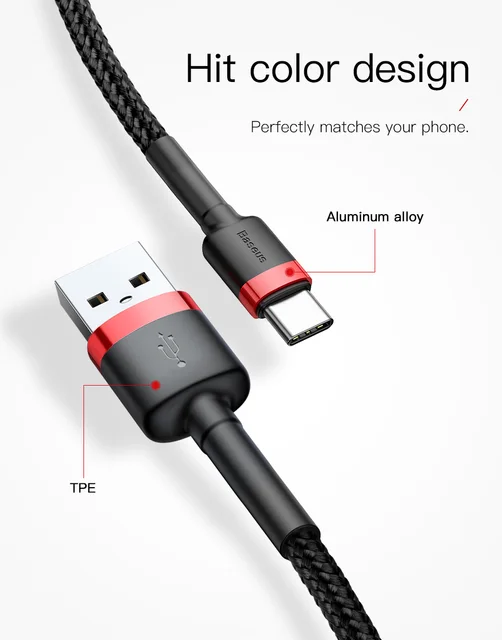 Baseus USB Type C Cable for xiaomi redmi note 7 USB-C Mobile Phone Fast Charging Type-C Cable for Samsung Galaxy S9 S8 Plus -