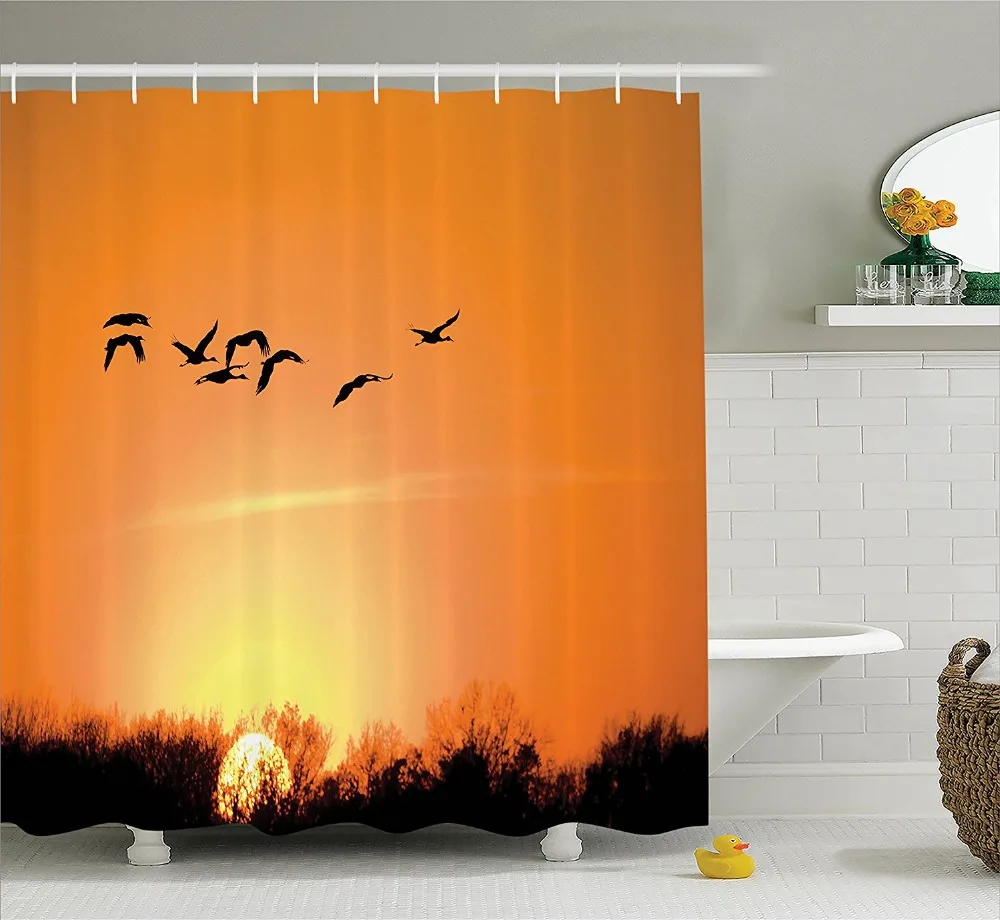 Shower Curtain Beautiful Bird Migration Over Desert View At Sunset