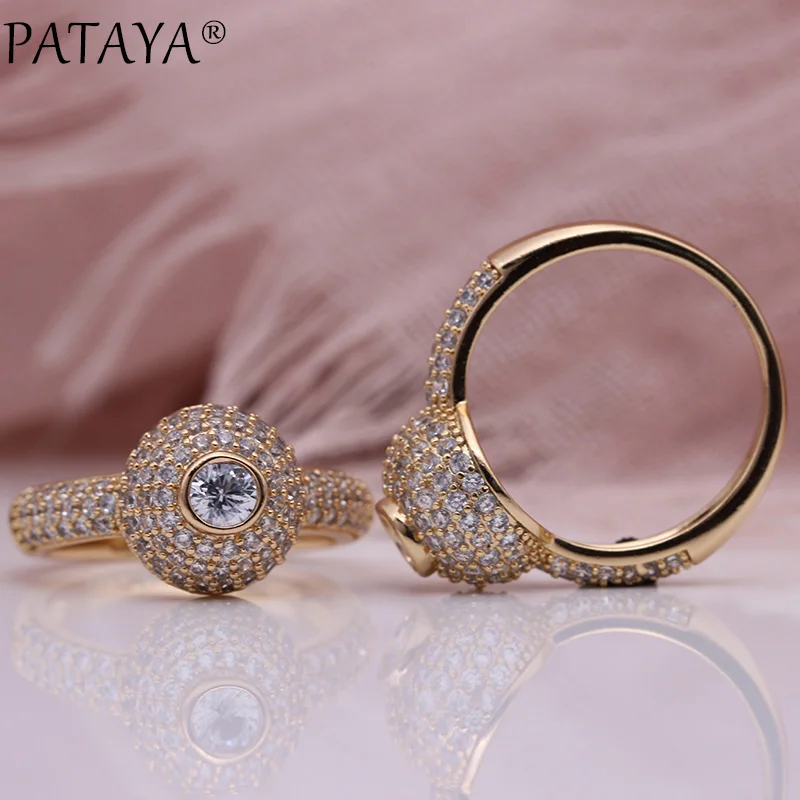 

PATAYA New Wedding Luxury Women Rings 585 Rose Gold White Natural Zircon Fashion Jewelry Micro-wax Inlay Engagement Big Ring