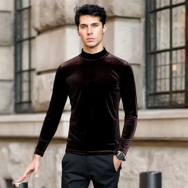 

Fashion Spring Autumn New Velour T-Shirt Men Gold Velvet Turtleneck Men's Tops 2019 Casual Solid Slimming Tee Plus Size M-7XL