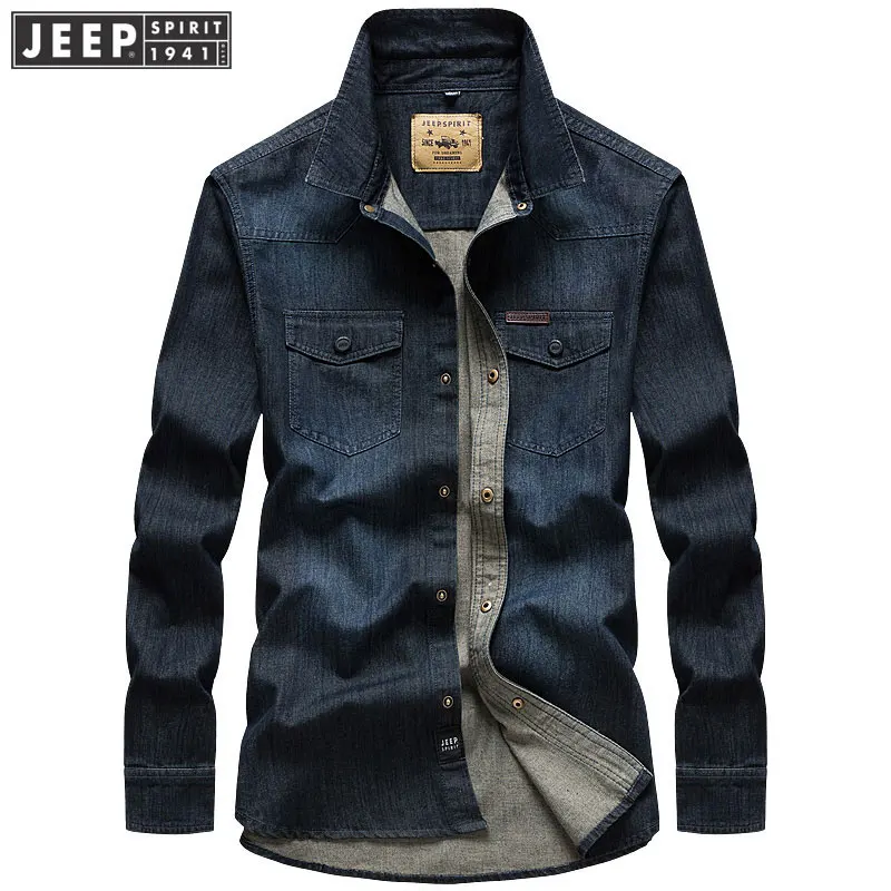 

JEEP Clothes 2019 Spring Man Dress Denim Cotton Casual Shirts Solid Color Shirt Men Military Long-Sleeve High Quality Shirt