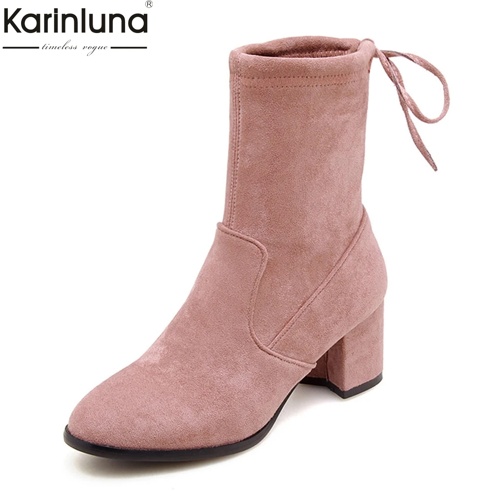 

KarinLuna 2018 Large Size 34-43 Hot Sale New Fashion Slip On Women Shoes Woman Boots Female Chunky Heels Mid Calf Boots