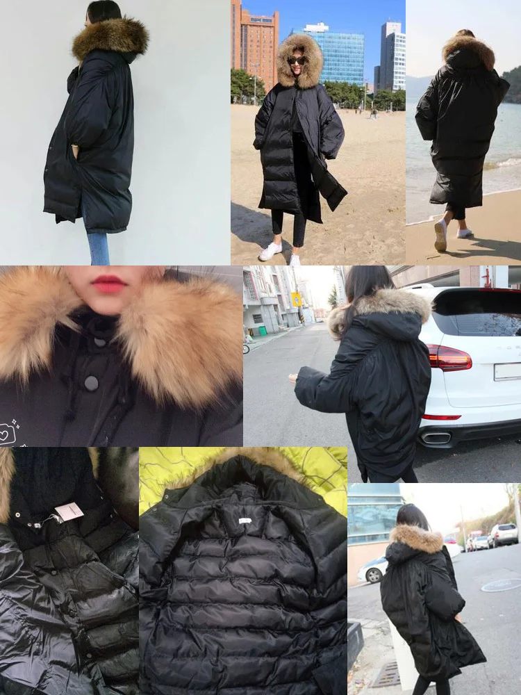 Черные Зимние куртки для женщин парка Теплая большой меховой воротник плюс размер пальто вниз хлопок летучая мышь Mujer длинное пальто MY66