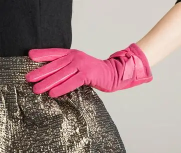 Kursheuel Модные женские кожаные перчатки с бантом импортные кожаные перчатки из козьей замши кожаные перчатки женские зимние женские перчатки - Цвет: rose Red