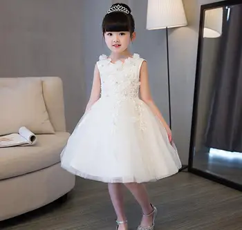 

Glizt tutu white flower girl wedding dress tulle fluffy ball gown birthday evening prom cloth party dress first communion Gown