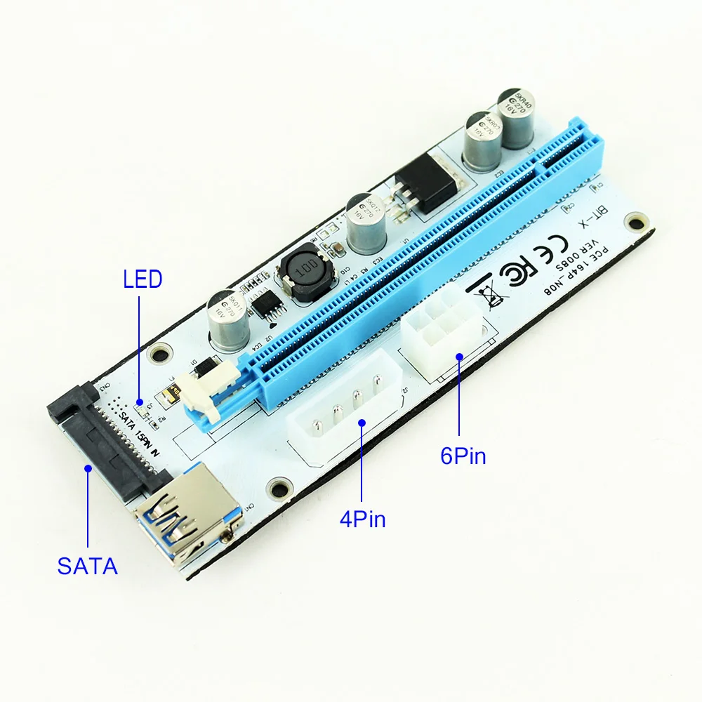 PAULO-KPC1364 -PCIe PCI-E PCI Express Riser Card 1X 4x 8x 16x USB 3.0 Data Cable 6 Pin SATA Power Supply for BTC Miner (2)