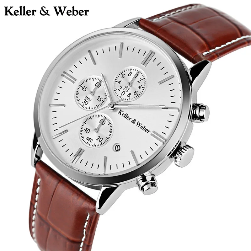 

Keller & Weber Chronograph Watch 30ATM Water Resistant Genuine Leather Band Date Display Mens Quartz Wrist Watch relogio