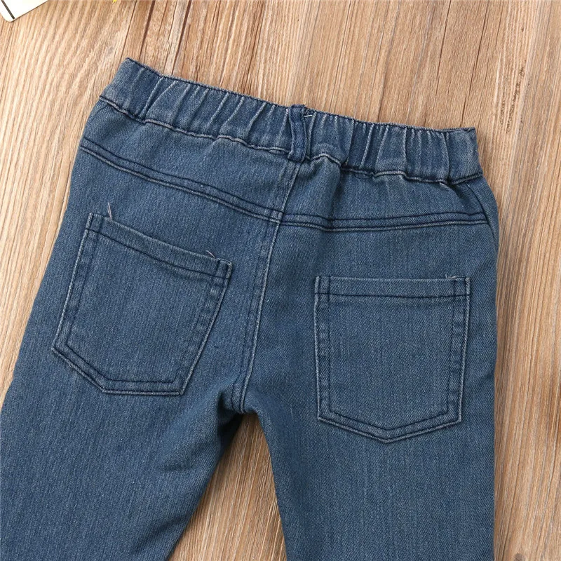 Модные джинсы для маленьких девочек с высокой талией в стиле ретро; однотонные синие широкие брюки для маленьких детей; брюки с оборками для малышей; расклешенные брюки;