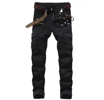 

Black Denim Biker jeans Mens Straight Runway Zipper Packets slim elastic jeans hiphop Washed size 42