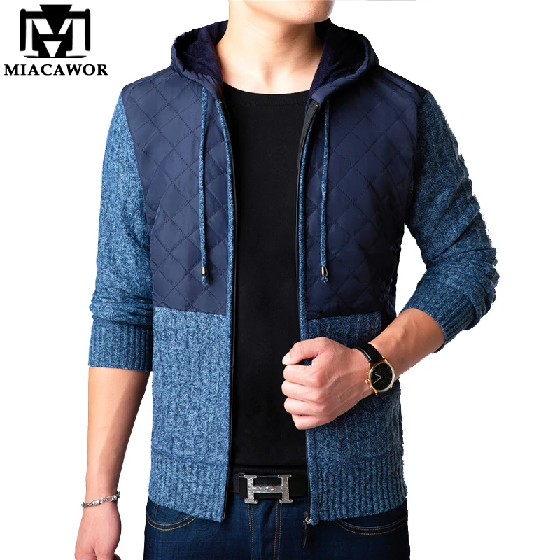 

MIACAWOR New Winter Sweater Men Cardigan Patchwork Knitwear Sweatercoat Hooded Jacket Drop Shipping Y095