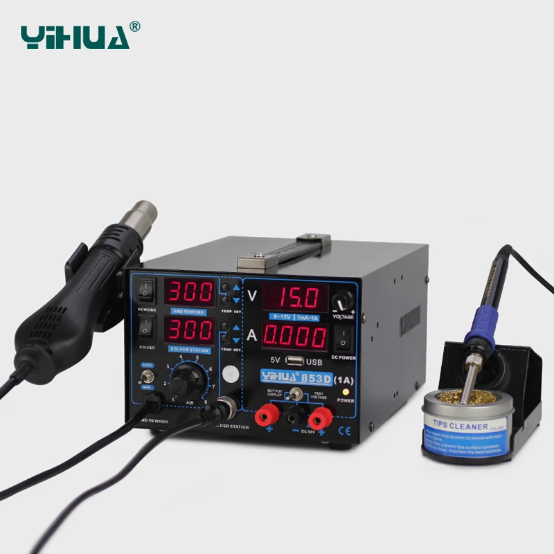 YIHUA 853D 1A USB Высокая мощность паяльная станция с питание горячего воздуха для