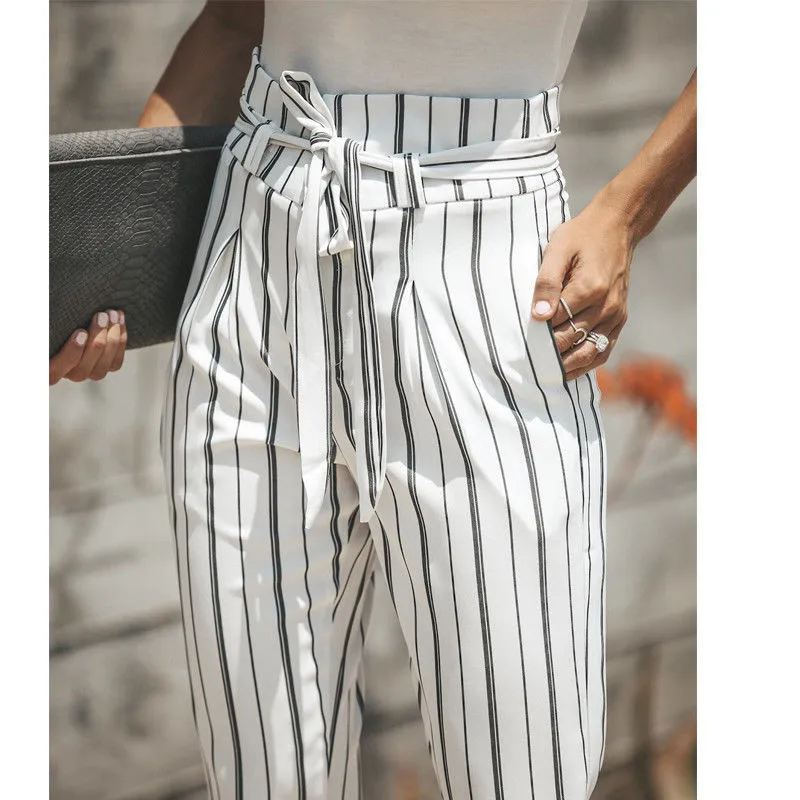 High Waist Casual Drawstring Loose Cropped Pants Women Ladies Striped ...