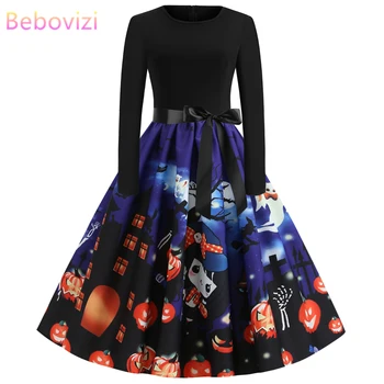 

Bebovizi New Fall 2019 Plus Size Long Sleeve Women Dresses Elegant Vintage Pumpkin Print Bandage Dress Halloween Party Vestidos