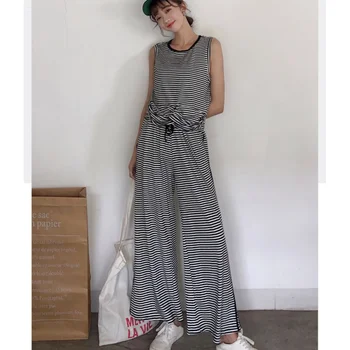 

2019 Women's Fashion Striped Print Tank Top + Elastic Waist Drawstring Loose Ankle-Length Wide Leg Pants Set