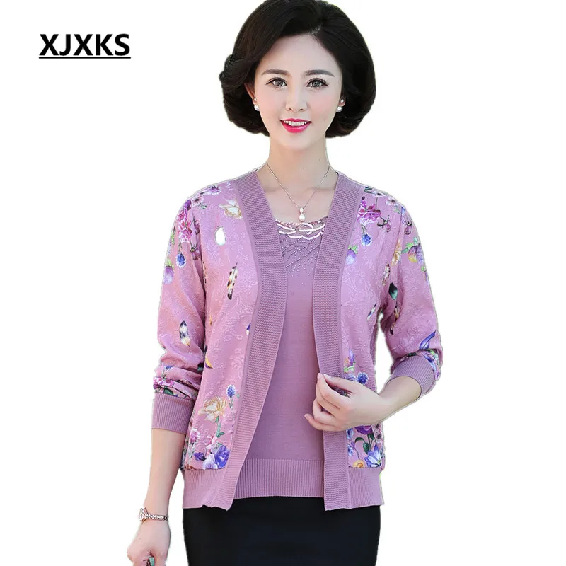 

XJXKS 2018 autumn new women true two-piece set cardigan + short-sleeved shirt loose large size comfortable casual women cardigan