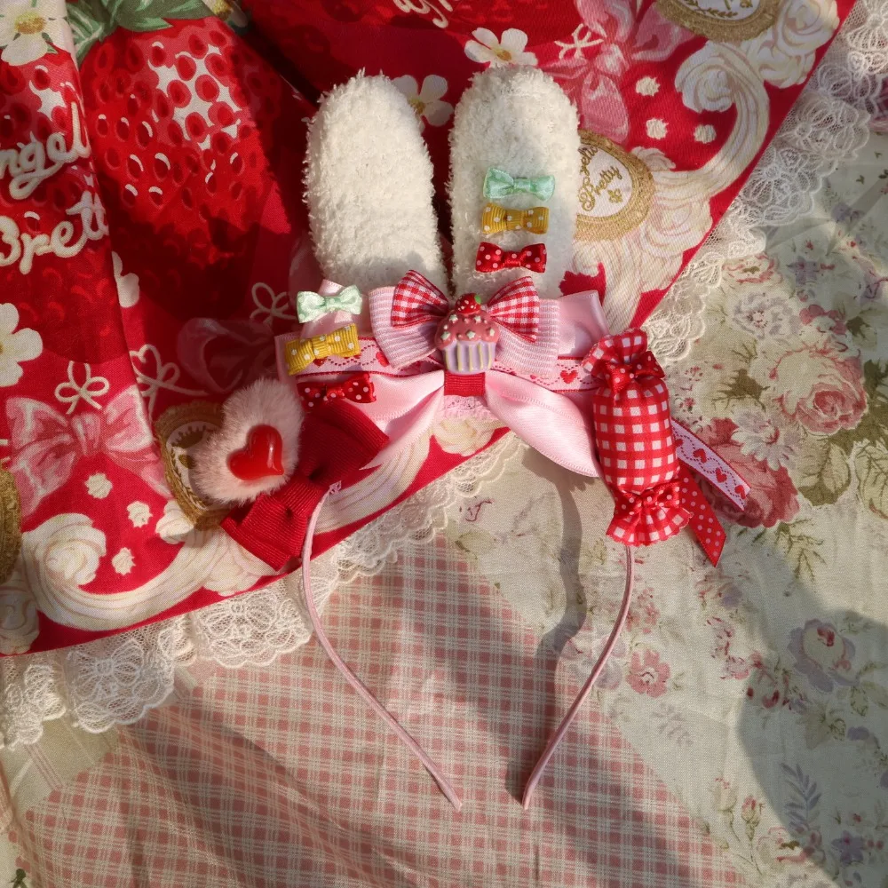 

Soft Cute Lolita Plush Rabbit Ears Lolita Hair clasp Women's KC Strawberry Headwear Red Love Big Bow Candies Cosplay Headband