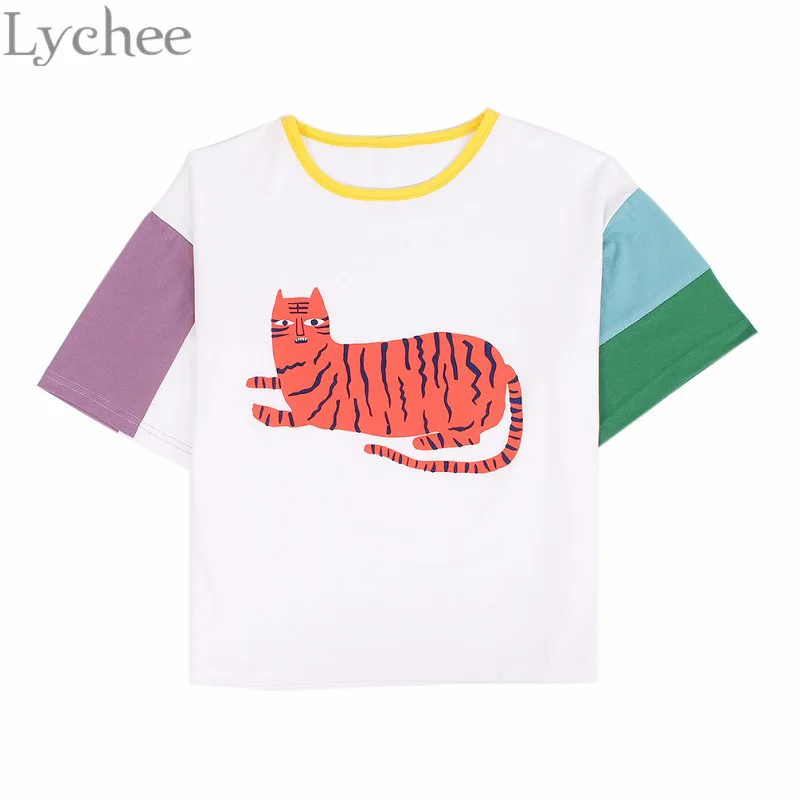 Lychee Mori Girl Женская летняя футболка с принтом тигра из мультфильма в стиле пэчворк Повседневная Свободная футболка с коротким рукавом - Цвет: Patchwork