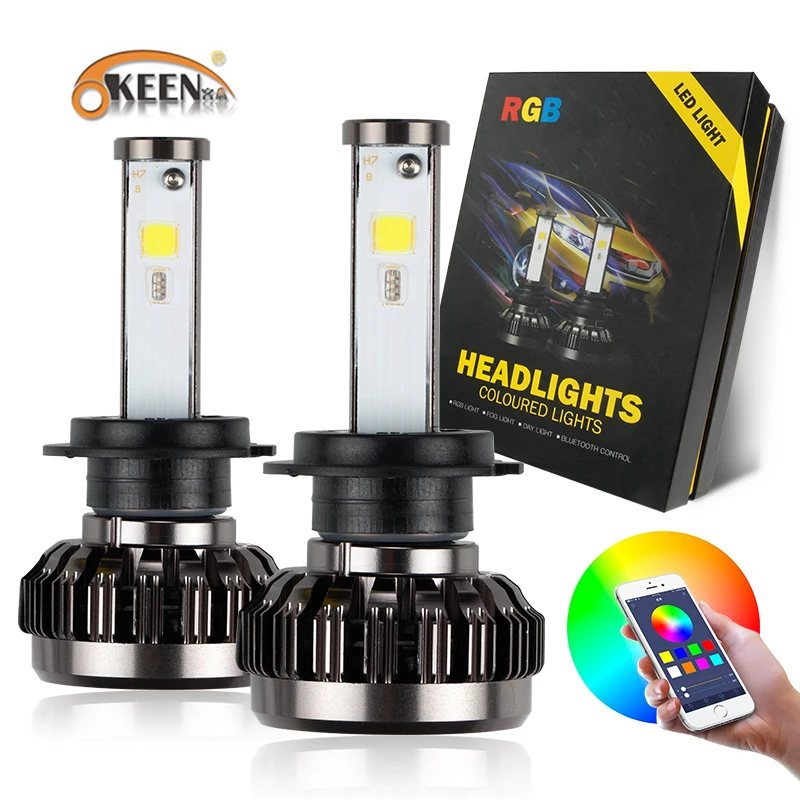 

OKEEN 2pcs H4 H7 RGB Headlight Lamp Kit Bulb H8 H11 H13 9005 9006 LED Light Headlamp Bluetooth Phone Sound Light Control Canbus