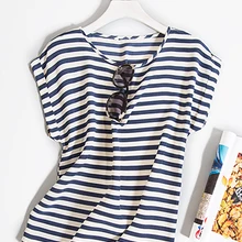 Высококачественная Заказная шелковая синяя и белая футболка с горизонтальными полосками и короткими рукавами с круглым вырезом