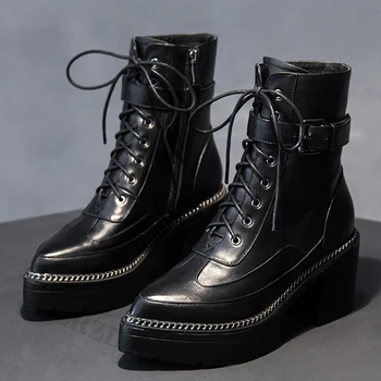 

BERZIMER Winter Women Ankle Boots Platform Thick Heels Autumn Genuine Leather Casual Botas Mujer Shoes Woman Large Size 34-43