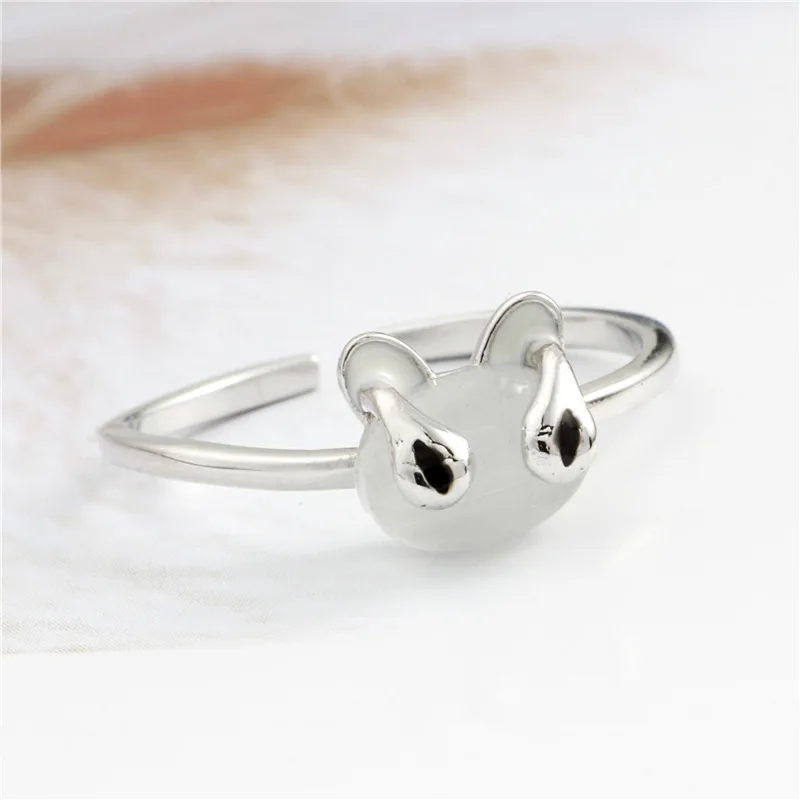 cute cat opal open ring 100% Sterling 925 silver Jewelry Vintage Adjustable rings for women girl gift free size