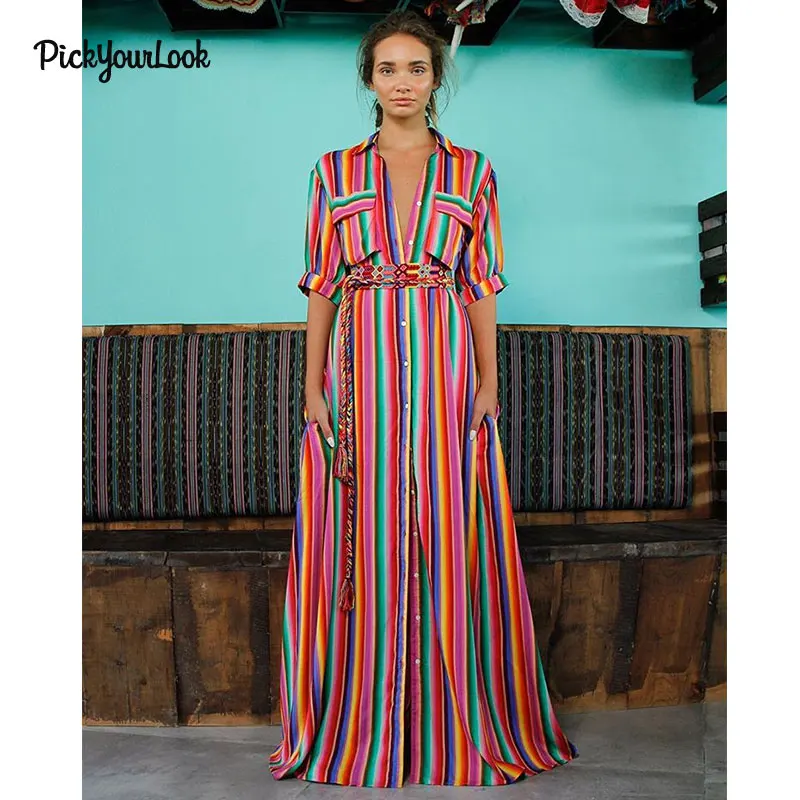 Pickyourlook Женское Платье макси с отложным воротником рукавом в полоску на пуговицах