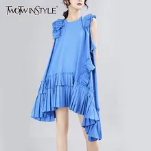TWOTWINSTYLE Korean Solid Sleeveless Dress For Women O Neck Off Shoulder Oversized Ruffles Asymmetrical Dresses Female