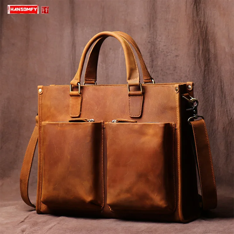 Tanie Retro skórzana torebka męska przekrój mężczyźni teczka komputerowa torba męska torba na ramię skóra crazy horse travel bags