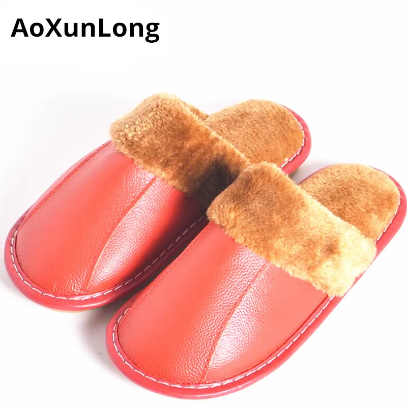 

AoXunLong Winter Women's Slippers Leather Non-slip Plush Home Slippers Women Warm Pink Fur Slippers Women Slides Hot Chinelo