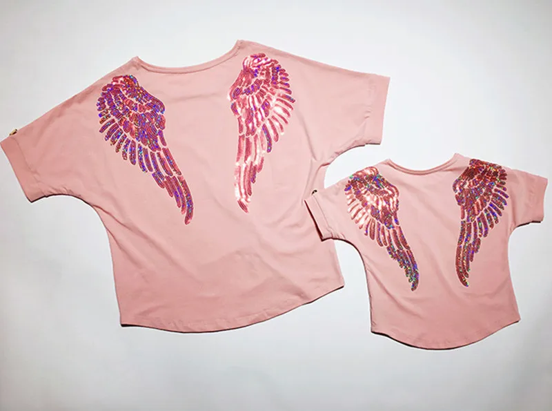Летняя одежда «Мама и я» футболка в блестках с крыльями ангела одежда для мамы и дочки семейная футболка одежда для крупных сестер