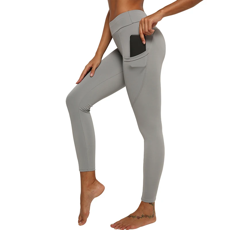 Облегающая облегающая женская спортивная одежда леггинсы с карманами для занятий фитнесом спортом в тренажерном зале Бег Йога; Спорт Брюки эластичный пояс - Color: Grey