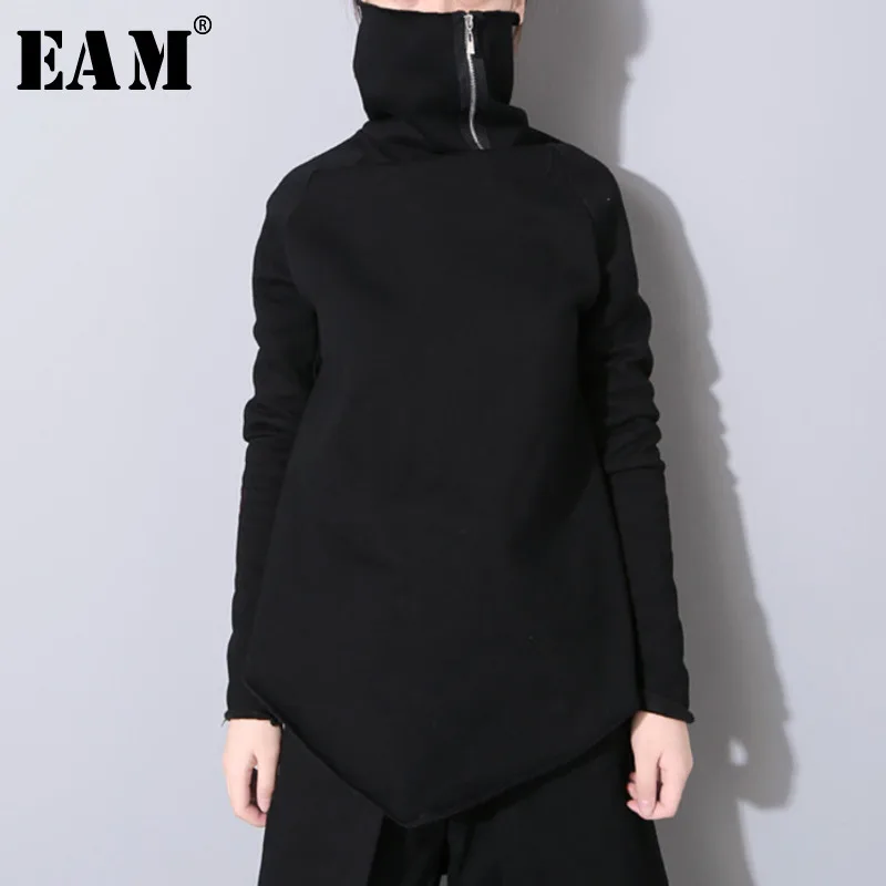 [EAM] 2019 Новинка весны пуловер Водолазка воротник длинный рукав Асимметричный свободный свитер для женщин мода прилив OB196