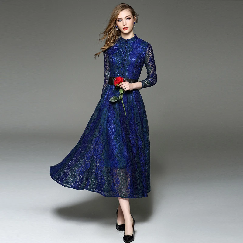 

New Brand Fashion Women Long Lace Dress 2016 High Quality Spring Long Sleeve Dresses Female Plus Size Maxi Blue Lace Party Dress