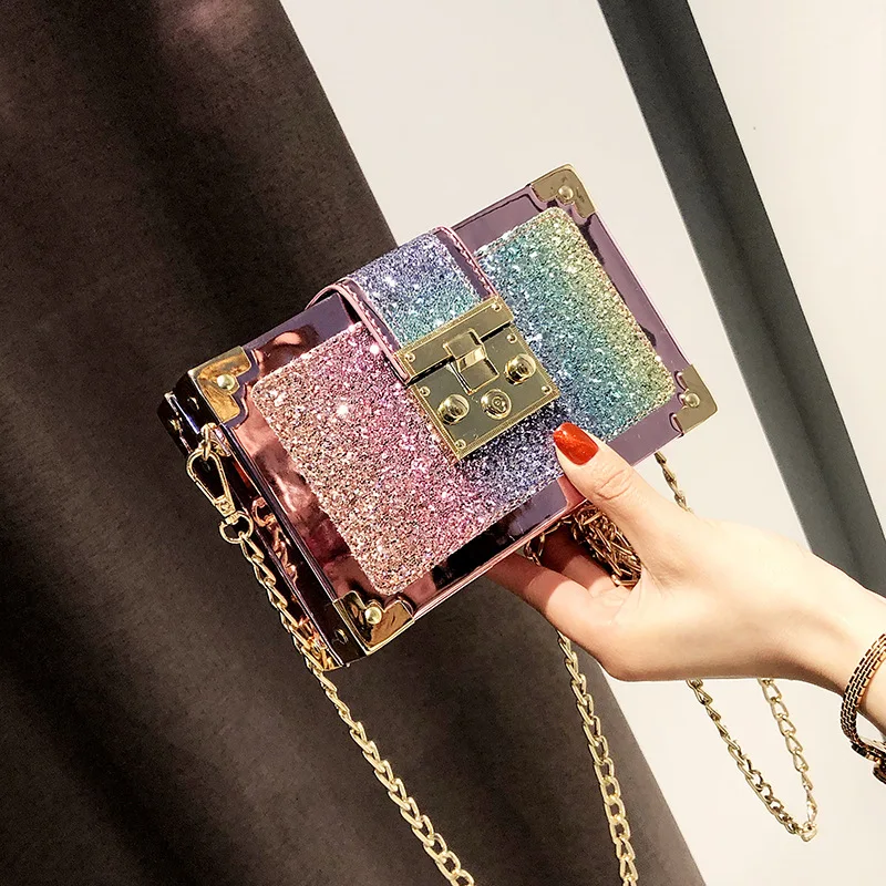 

New women's bag Korean fashion sequins small bags tide cool wild shoulder Messenger bag charming chain small square bag female