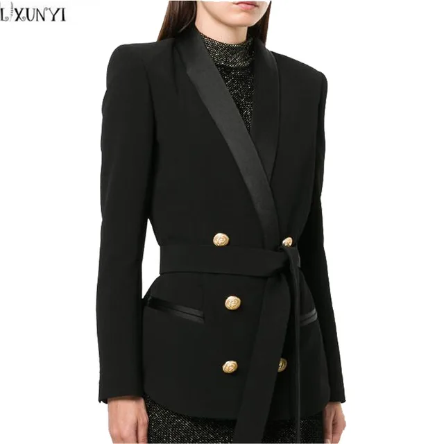 LXUNYI Ladies Double Breasted Blazer With Belt 2019 Spring Metal