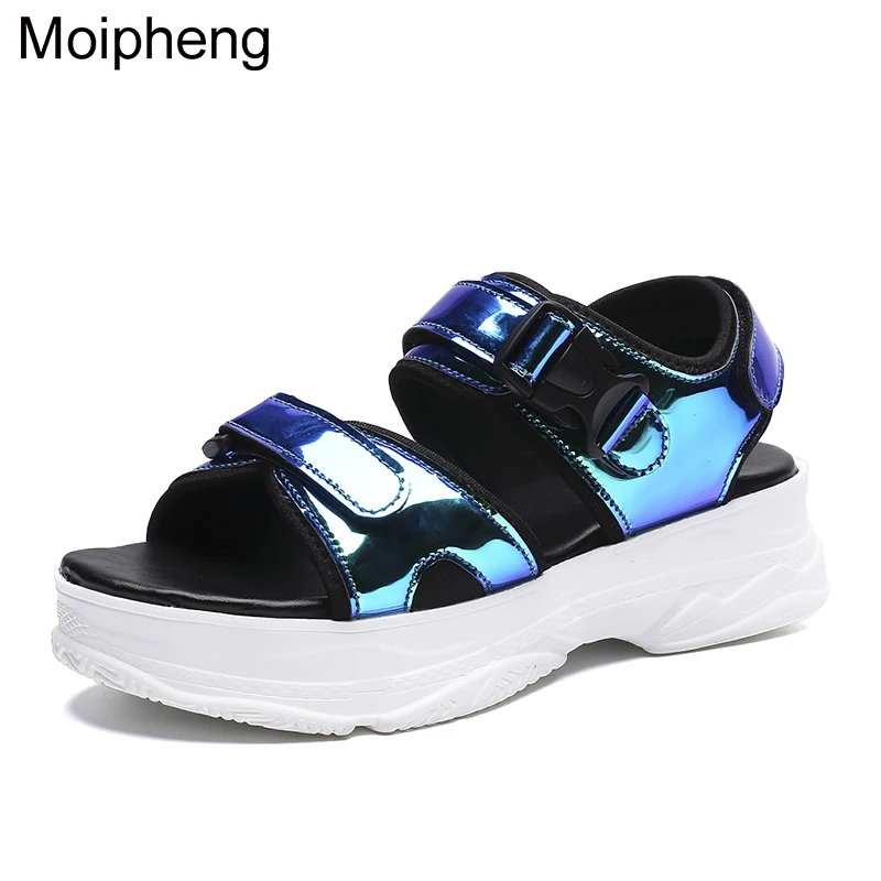 

Moipheng 2019 New Women Chunky Sandals Bling Sequined Wedges Buckle Strap Platform Shoes 5CM Summer Sandals Pink Glitter Shoes