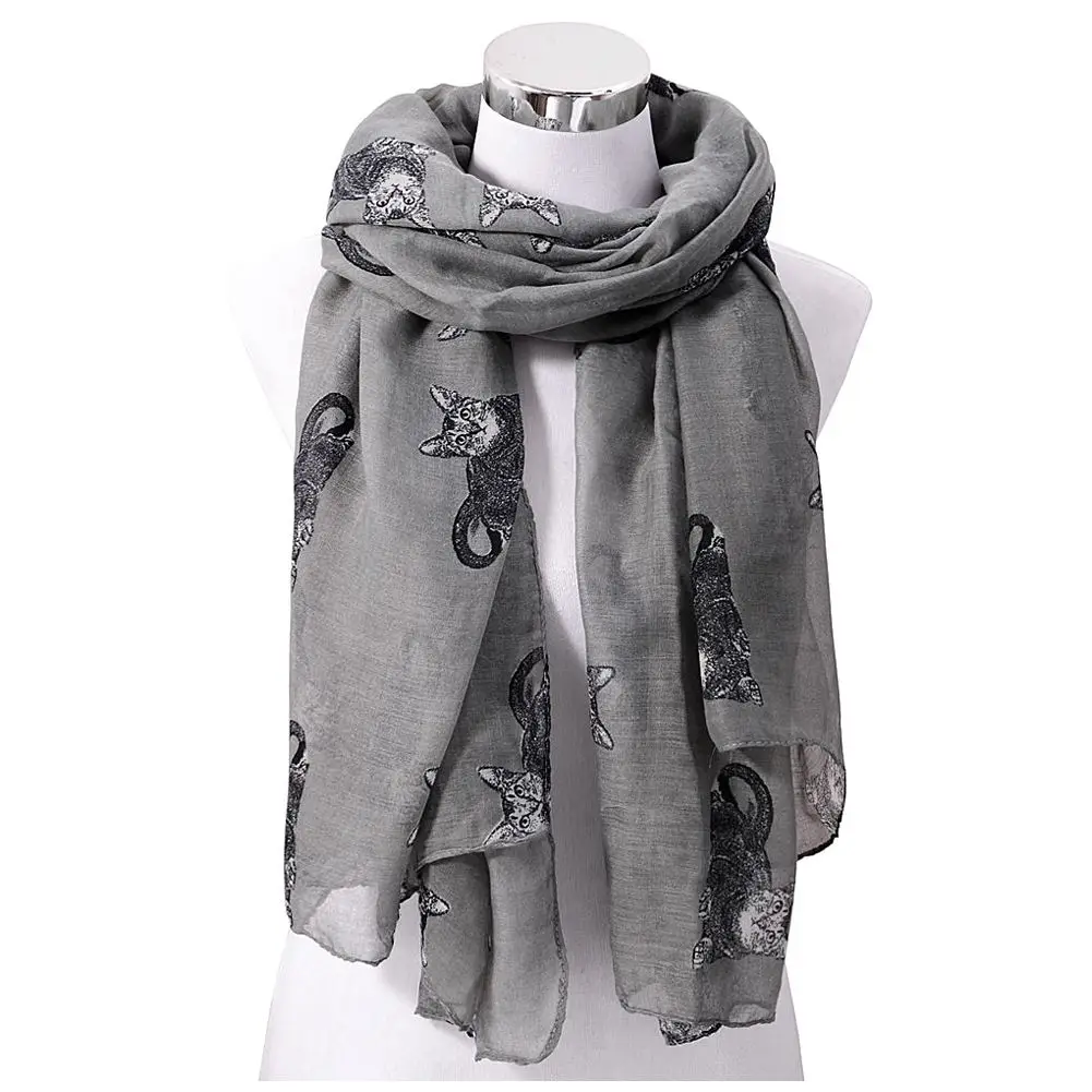 2018 Womens Scarf Cute Cat Print Long Scarf Soft Yarn Wrap Shawl Stole Neck Warm Scarves Women