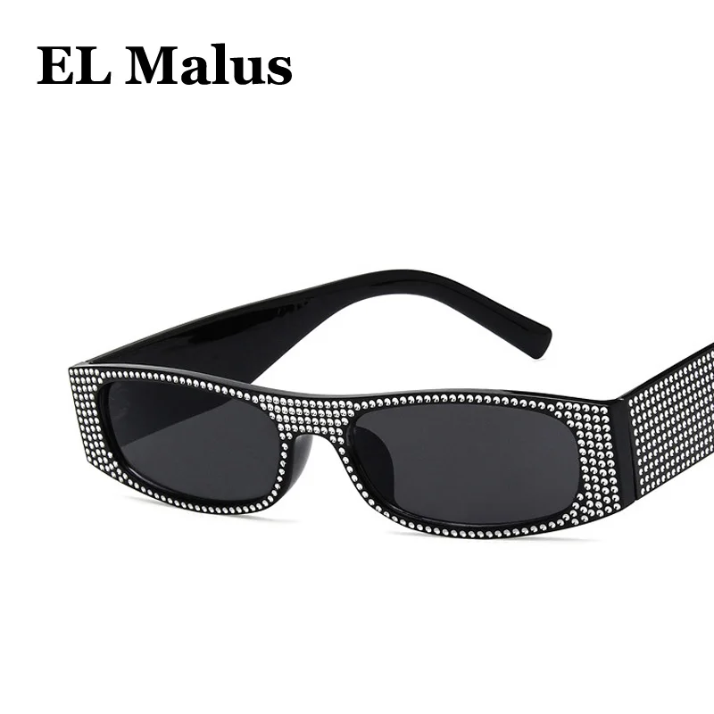 

[EL Malus]Little Small Thin Square UV400 Sunglasses Women Imitation Diamond Red Yellow Silver Lens Mirror Sun Glasses Female