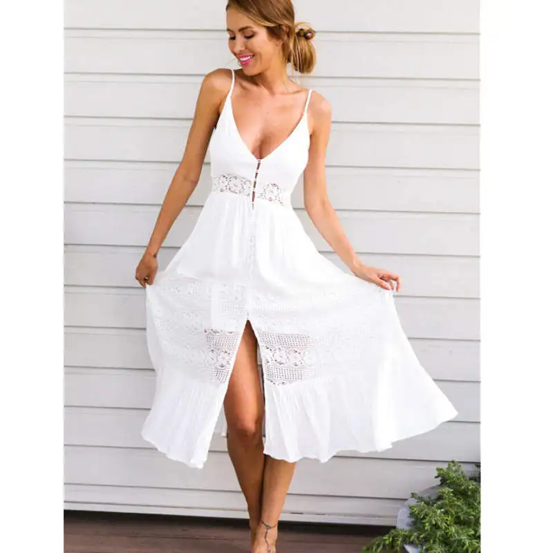 Women Summer Boho Long Maxi Dress Soild Color Summer Female Evening Party Beach Floral Causal Sundress US