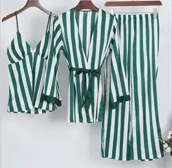 Осень Шелковый зимняя Пижама Для женщин пикантные Для женщин Пижама с брюками атласные пижамы набор ночное пояса пижамы