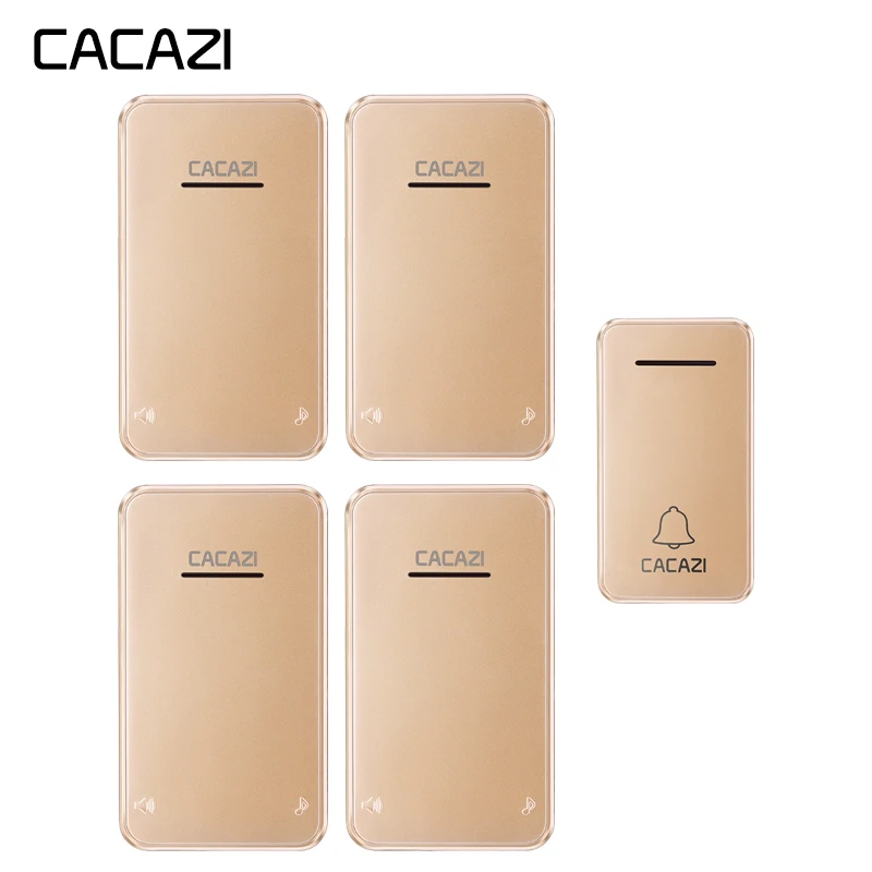 

CACAZI Wireless Doorbell Self-powered No battery Waterproof 1 Button 4 Receiver Led light Cordless DoorBell chimes US EU Plug