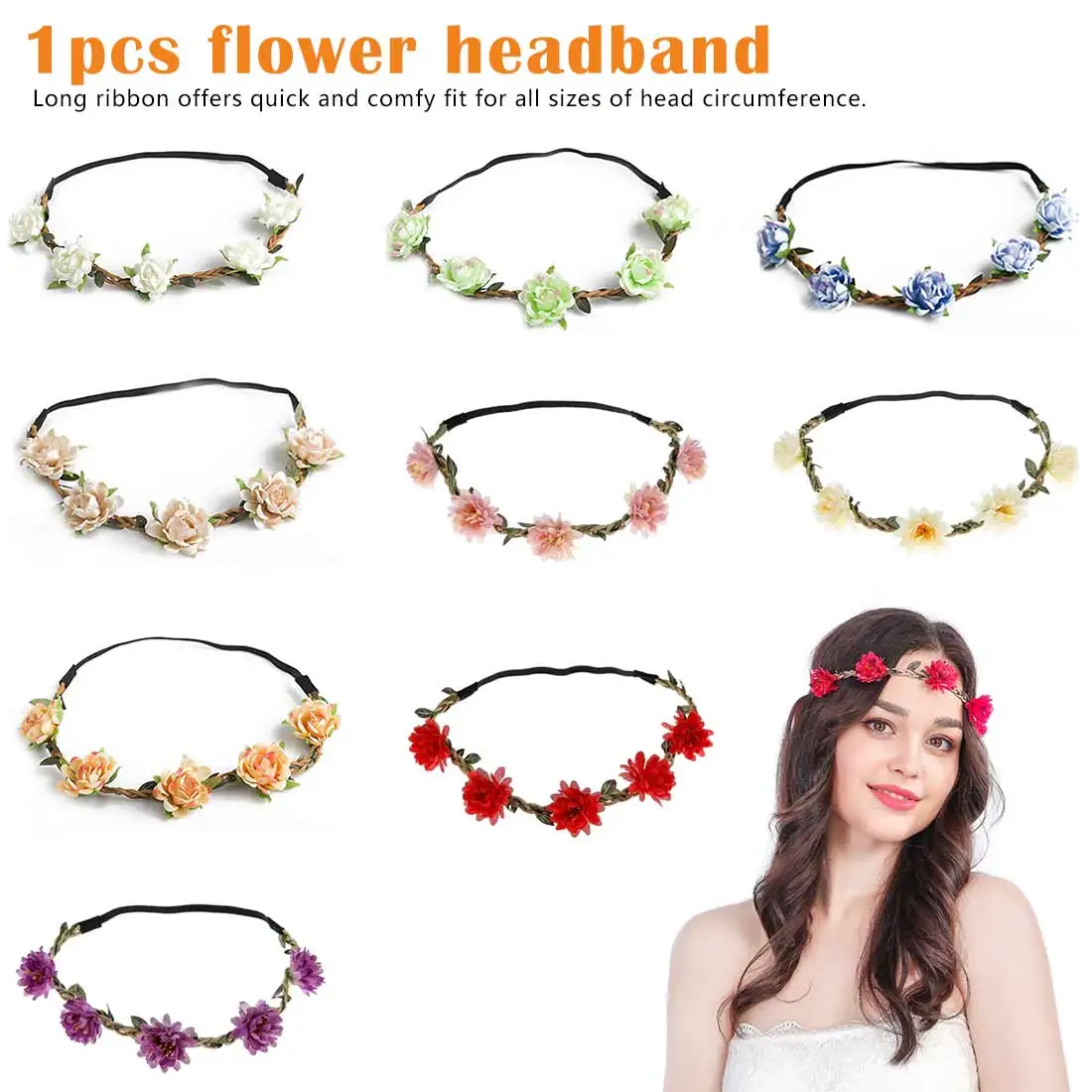 

Fashion Women Flowers Headband Bohemian Style Rose Flower Crown Hairband Ladies Elastic Beach Hair Accessories