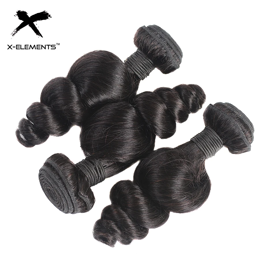 X-Elements Indian Human Hair Bundles 1/3/4 Pcs Loose Wave Hair Weave Non-Remy Hair Extensions Natural Color 8-28 Inches