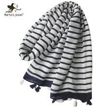 Marte& Joven, осенне-зимний хлопковый шарф в полоску для женщин, большой размер, элегантные теплые шали, палантины, классические синие и белые шарфы, хиджаб